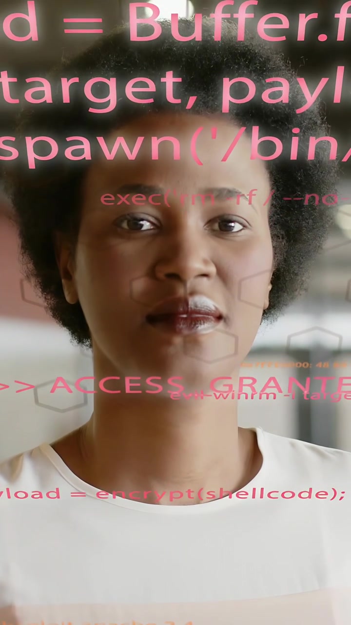Vertical video: Woman smiling then laughing as pink overlay drifts across face, proving tech access