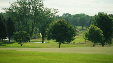 yellow golf flag waving in the wind on a golf course surrounded by trees