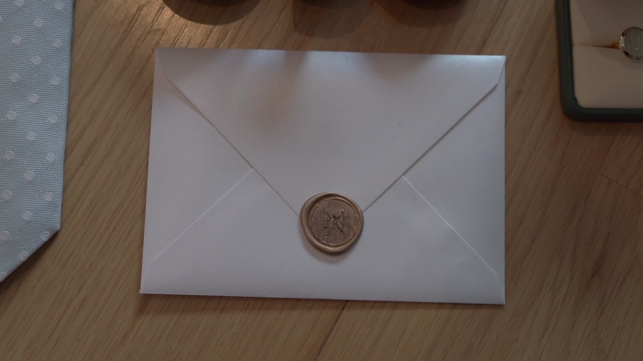 White envelope sealed with a decorative wax stamp placed on a wooden table