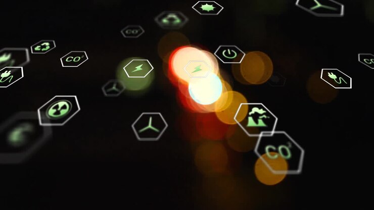 Animazione di icone ecologiche ed elaborazione dati su luci della città sfocate