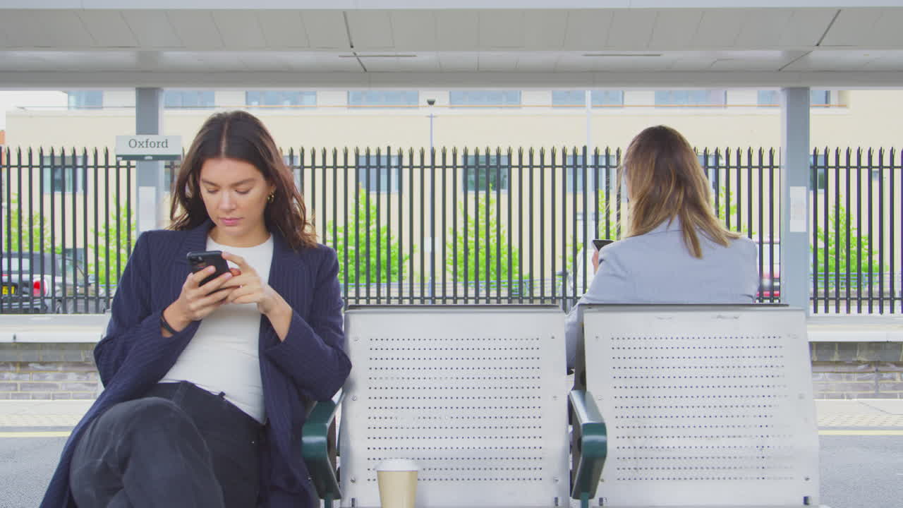 Two Businesswomen Commuting To Work Waiting For Train On Station Platform Looking At Mobile Phones