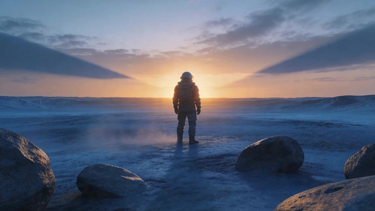 Standing lone explorer watching sun rising over frozen shoreline, with helmet, insulated suit, mist