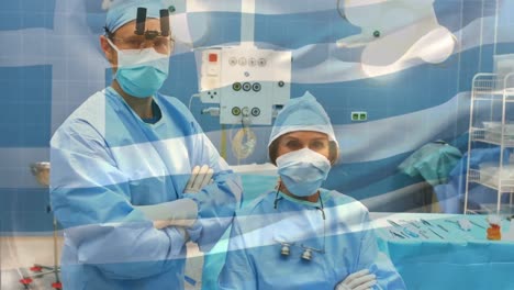 Animation-Der-Flagge-Griechenlands,-Die-über-Chirurgen-Im-Operationssaal-Weht