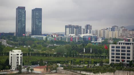 aerial view of a modern city with skyscrapers and high-rise buildings