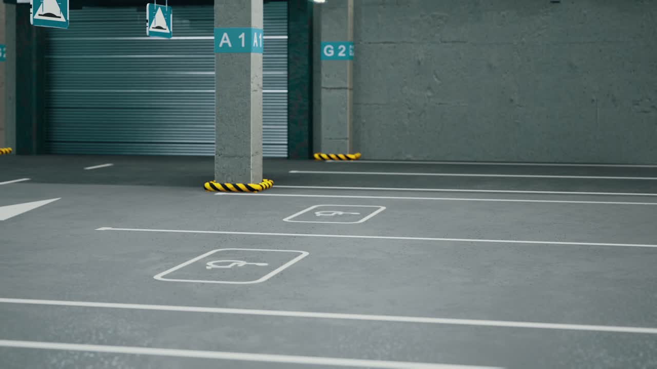 자동차가 없는 지하 주차장. 현대적인 지하주차장. 실내 완전 현대적인 주차장이. 지하 주행 차고 장면