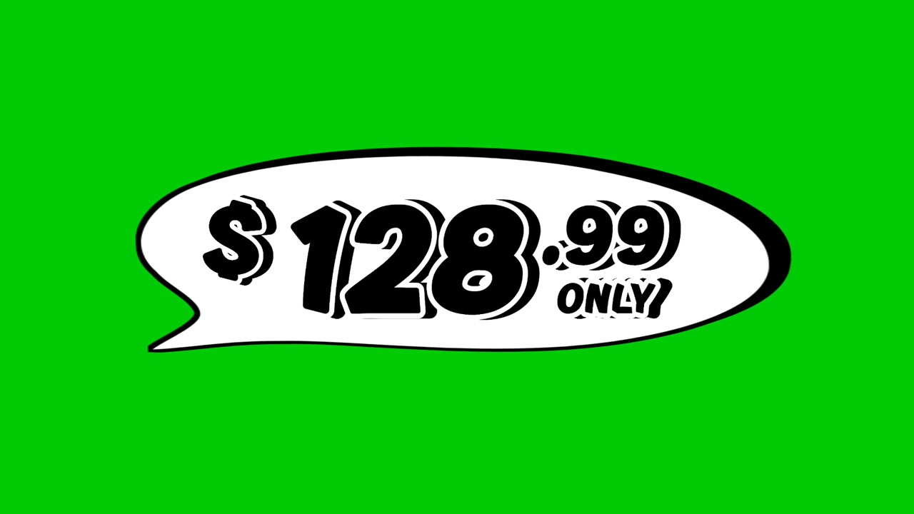 Grafica in movimento di un fumetto con cartellino del prezzo di 128,99 $ su sfondo verde. Perfetto per annunci pubblicitari, e-commerce, vendita al dettaglio, sconti e video promozionali di business.
