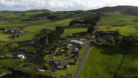 Rural-Camper-camping-spot-in-Riverton-countryside,-New-Zealand,-aerial-view