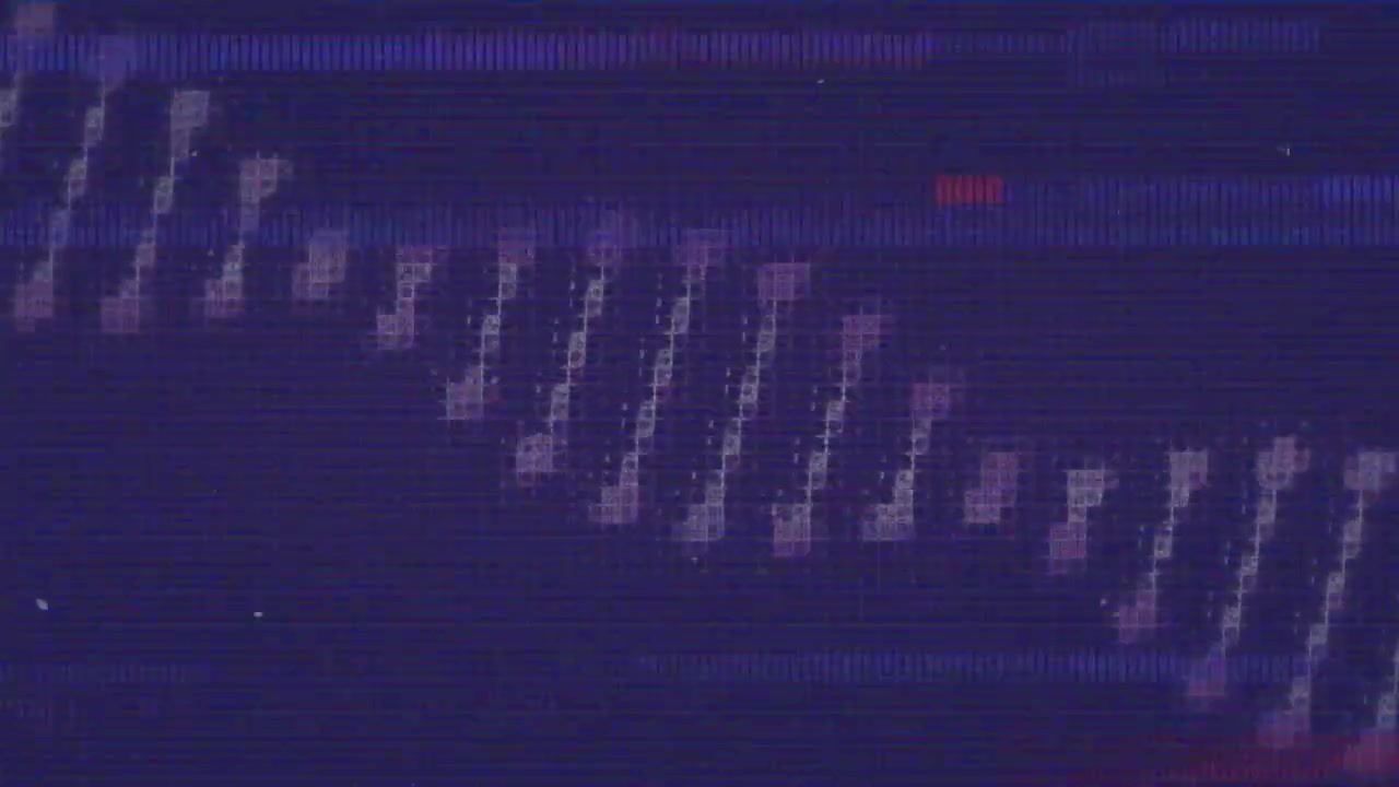 Animation of dna over navy and purple digital space with glitch