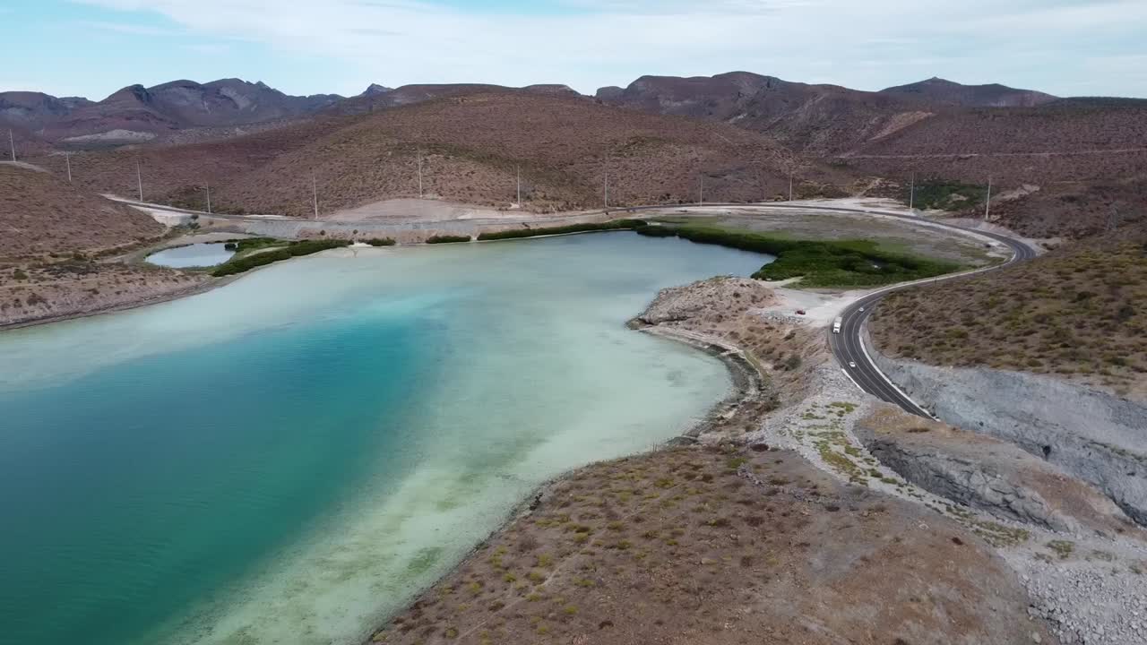 la playa balandra de baja california, aguas turquesas que abrazan costas curvas, paisaje desértico, vista aérea