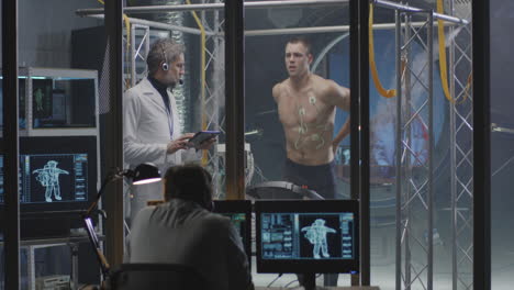 athlete undergoing physical performance testing in a controlled laboratory environment