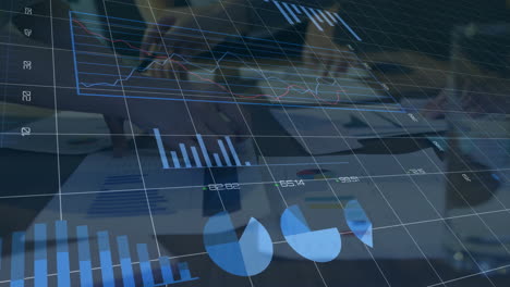 animation of graphs with changing numbers over midsection of diverse coworkers discussing reports