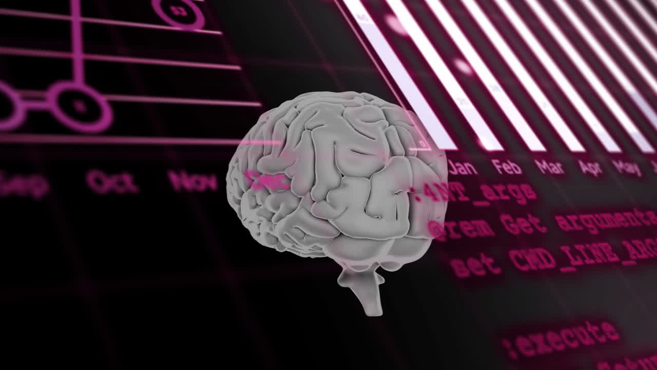 프로그래밍 코드와 달력 오버레이 애니메이션을 가진 3d 뇌 모델