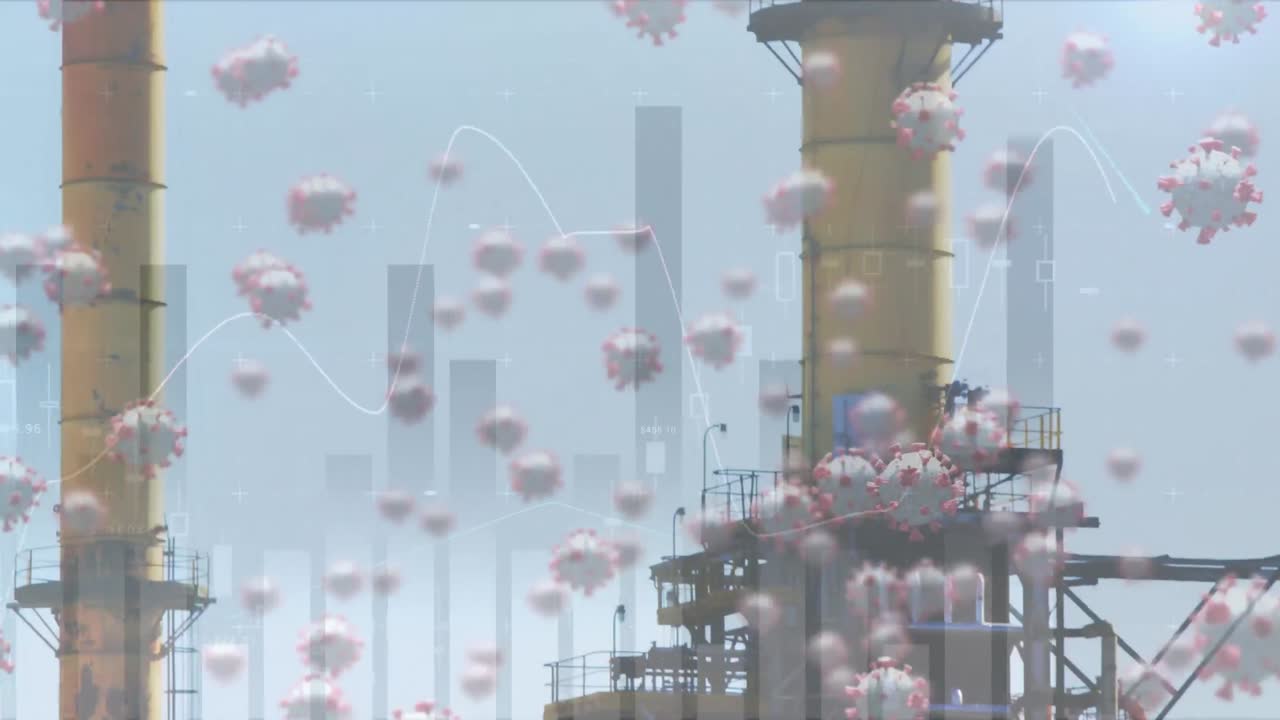 도시 풍경 위에 떠다니는 거대 코로나19 세포와 통계 및 그래프의 애니메이션