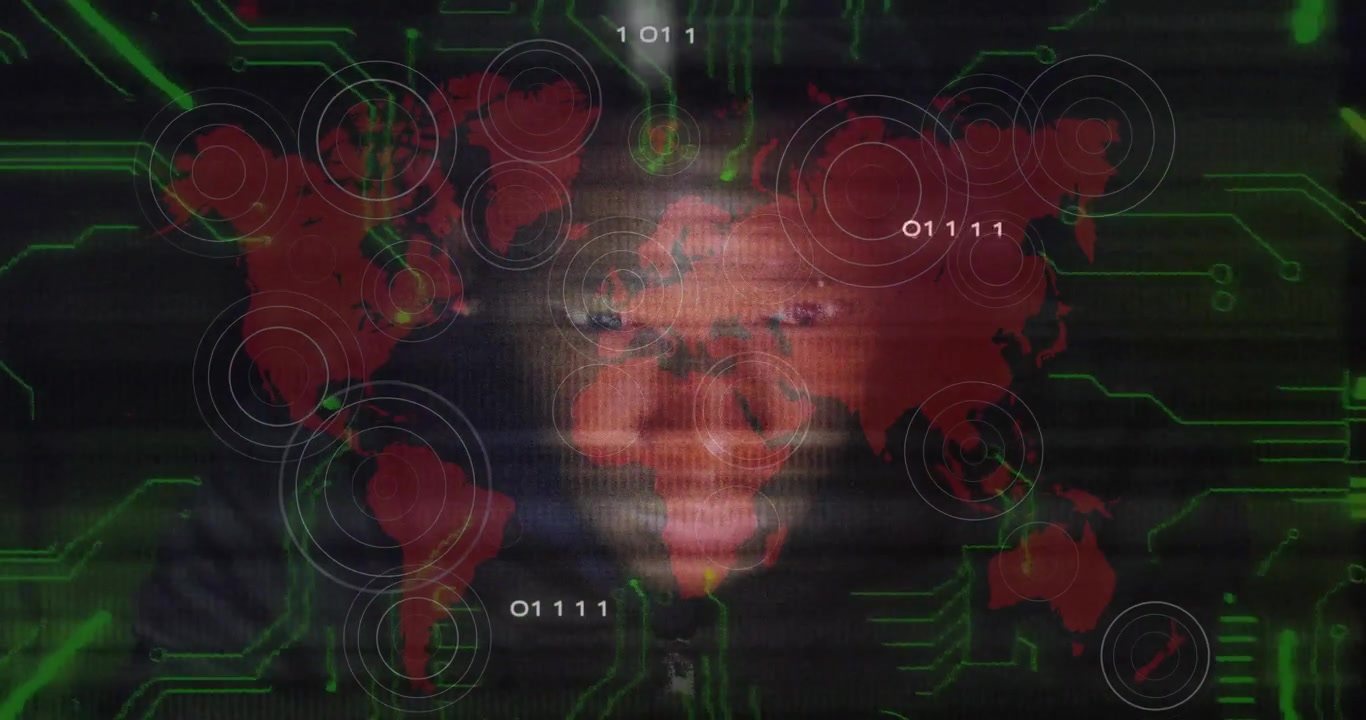 Opening dark display showing red world map and binary, revealing hooded hacker scanning network