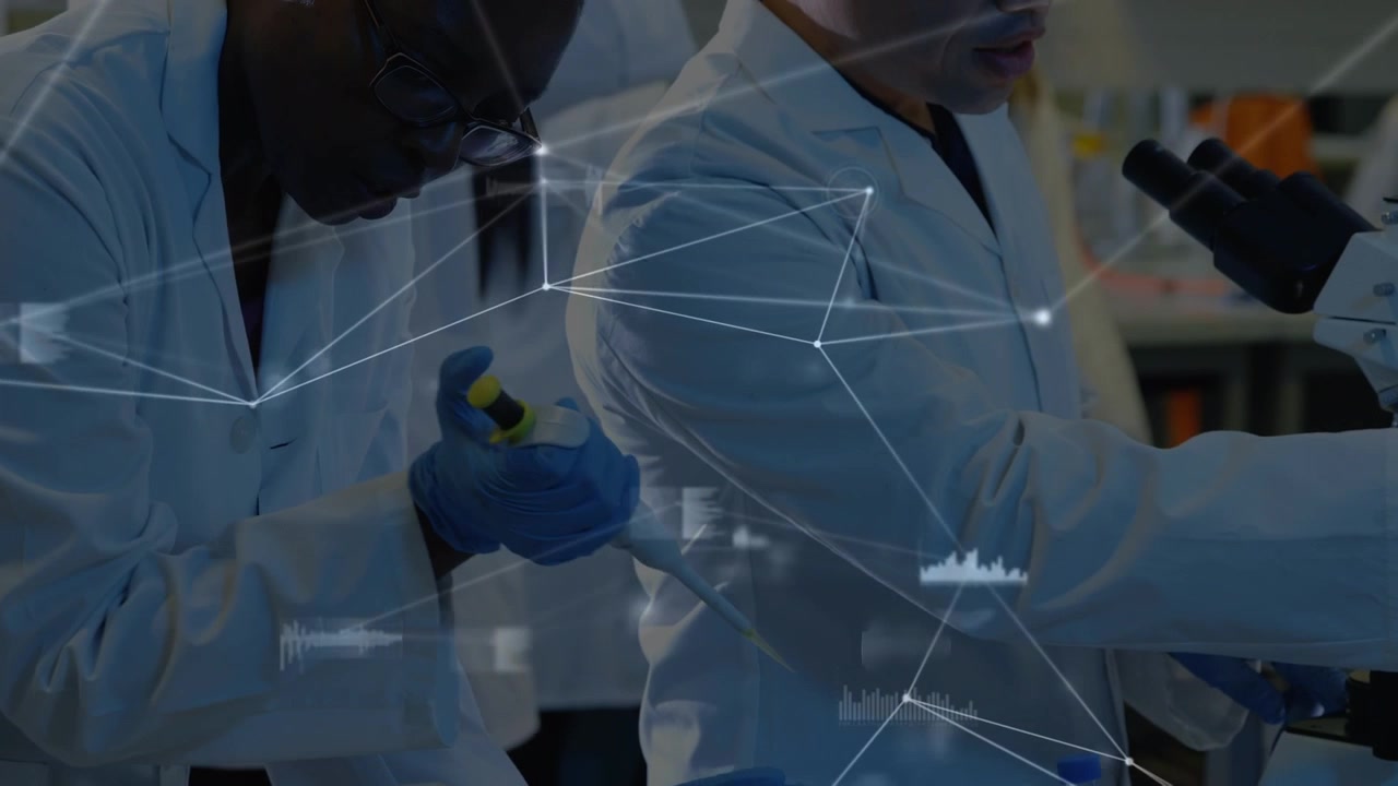 Network of connections floating over diverse male and female scientist working at laboratory