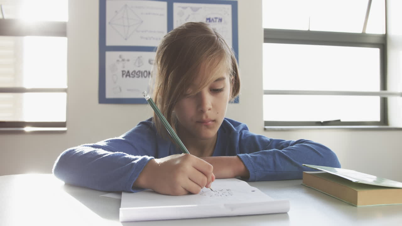 In school, boy thinking and writing in notepad during classroom activity