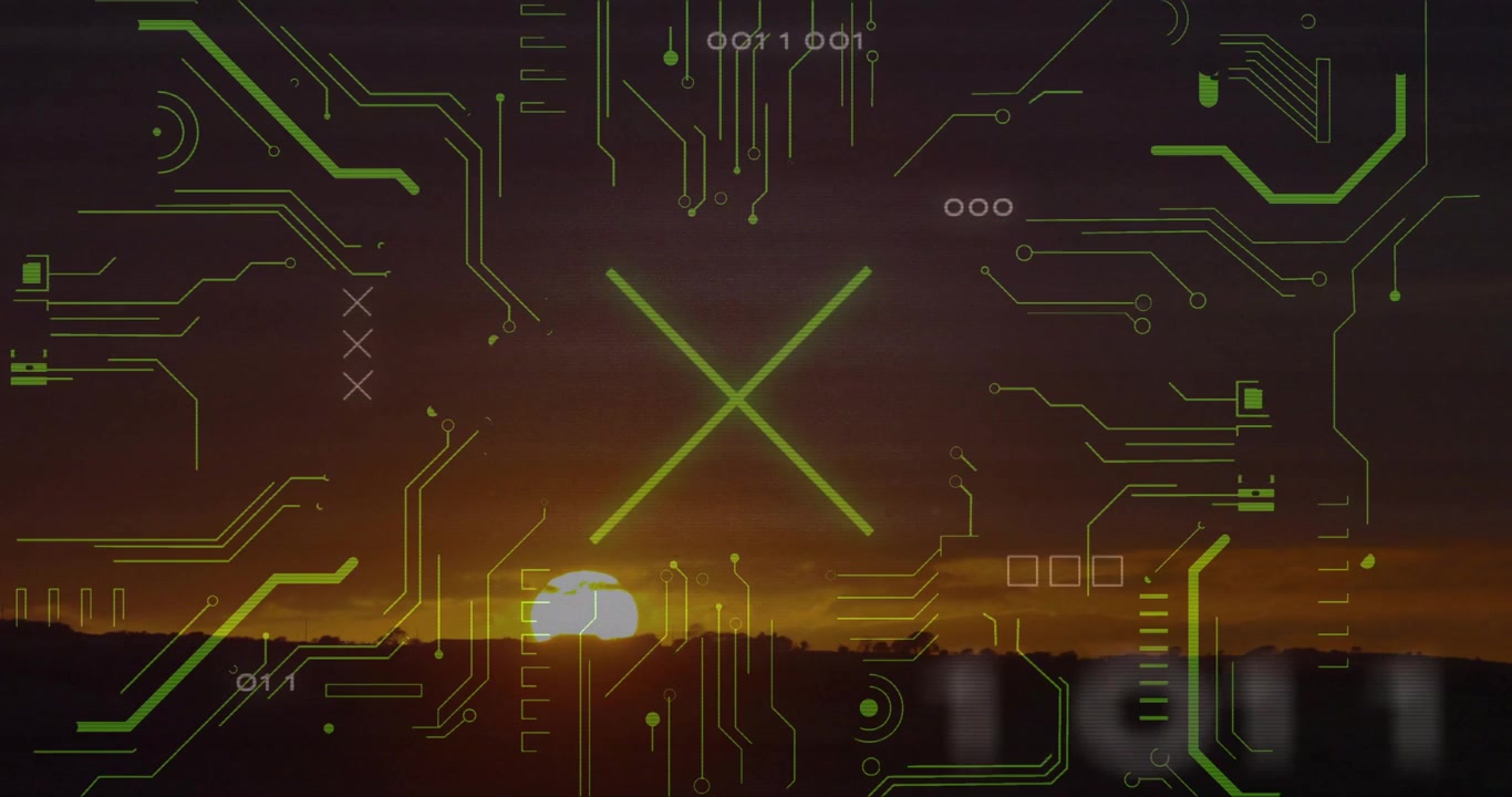 Digits appearing near edge initiating circuit lines converging to X dissolving for showing sunrise
