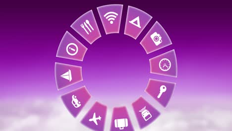 animación de iconos de viaje girando sobre un fondo rosa