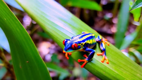 vibrant red-eyed tree frog perched on a green leaf