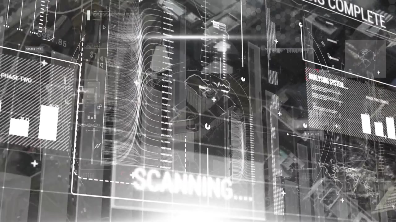 Animation of financial data processing over cityscape