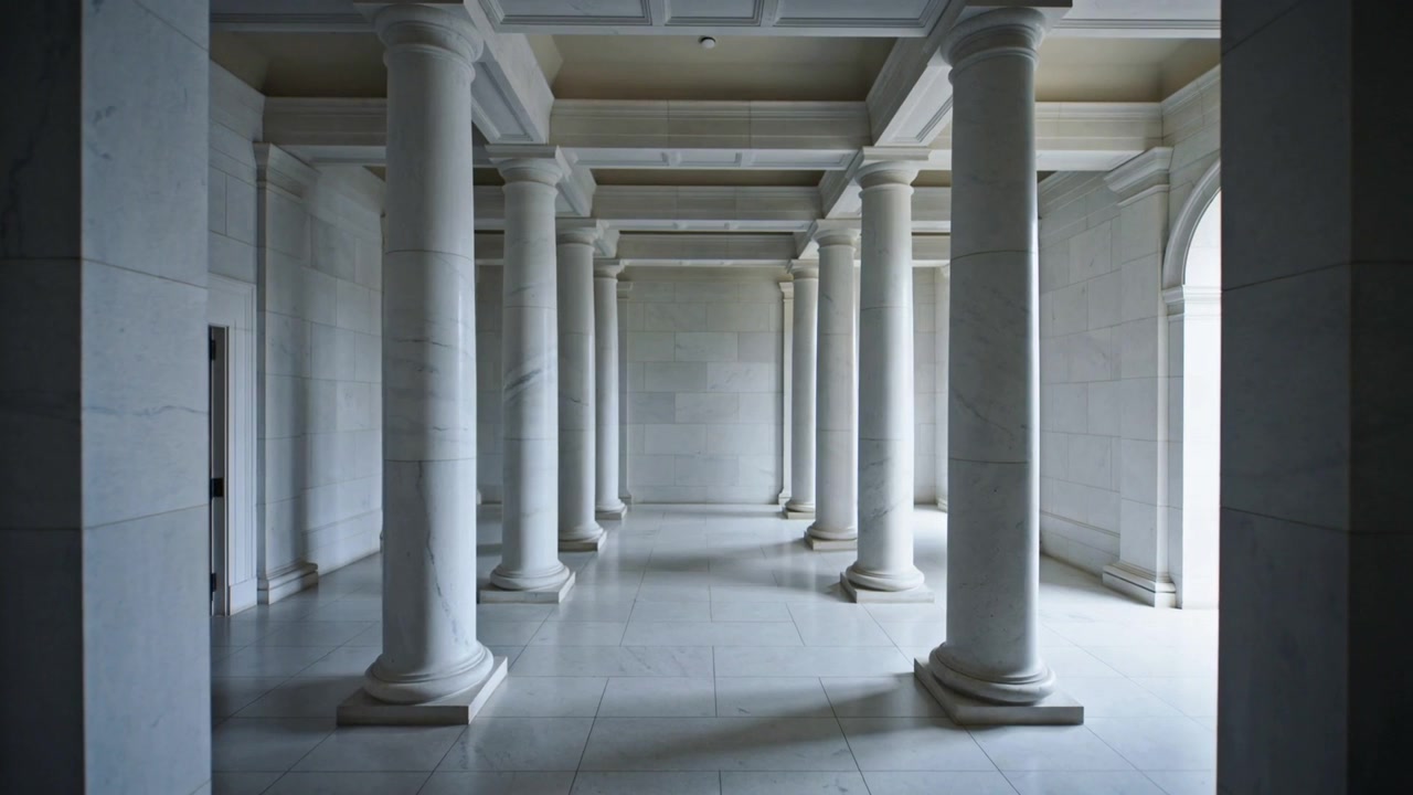 Un'apertura ad arco che si illumina, inondando le colonne centrali in una sala di pietra, con la luce che si sposta sul pavimento piastrellato