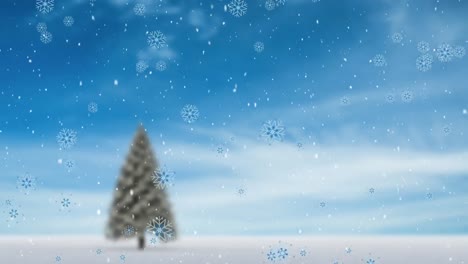 Animation-of-snow-falling-over-winter-landscape-background