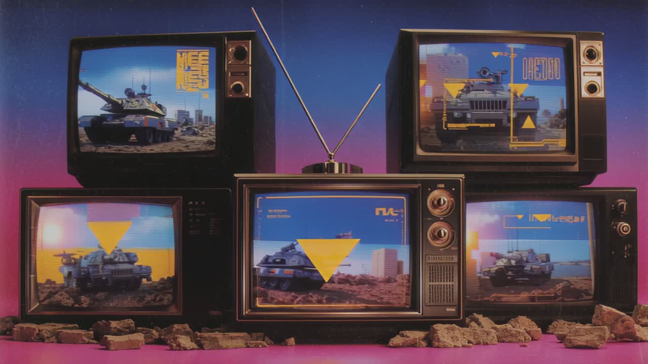 Televisori a tubo catodico vintage mostrano carri armati militari con sovrapposizioni HUD colorate su uno sfondo con gradiente al neon. Concettuale per temi di guerra cibernetica, sorveglianza, strategia e tecnologia retrò
