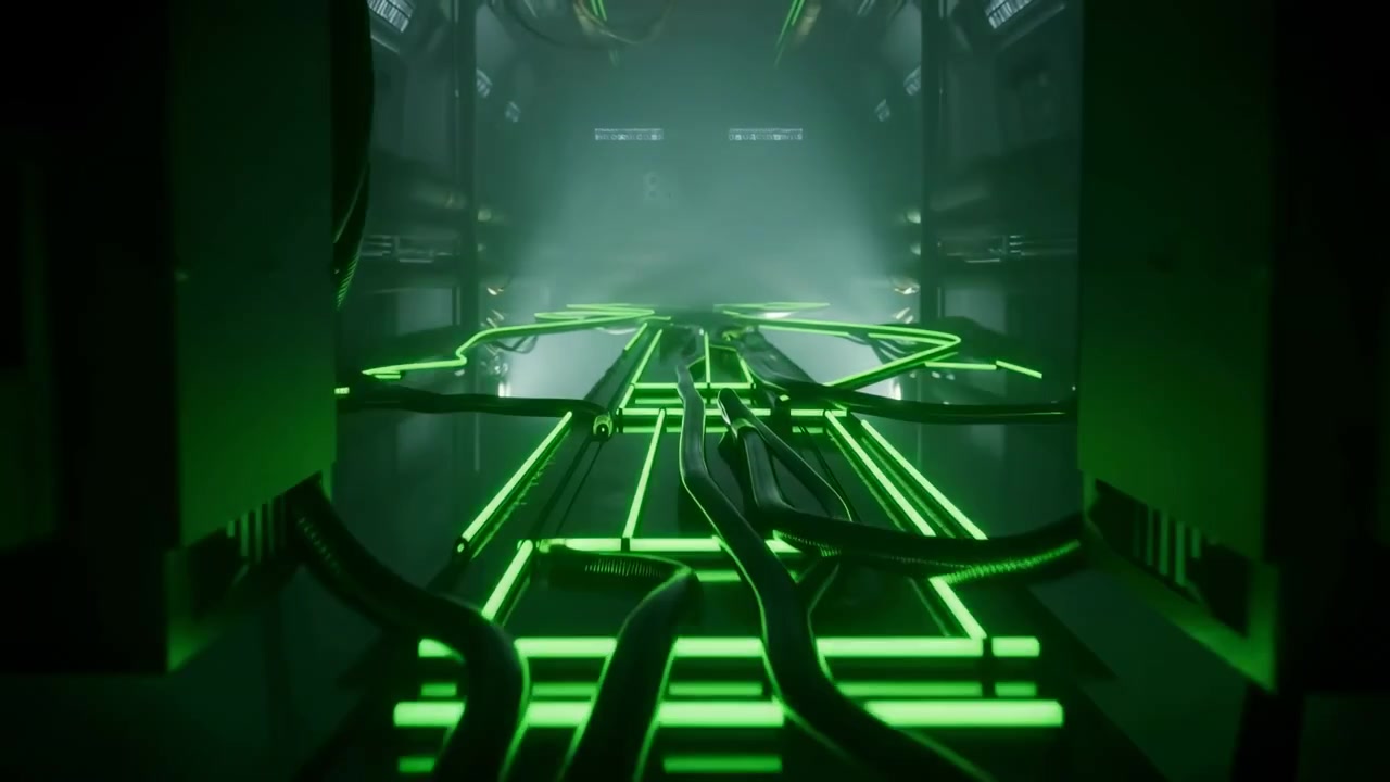 Low-angle industrial passage with neon green light tracing cable tray, thick black conduits, corrugated hoses, metallic panels, reflections, misty atmosphere and strong converging perspective