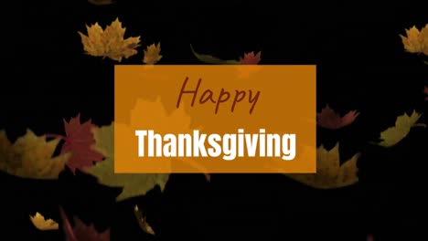 Animation-of-happy-thanksgiving-text-on-orange-banner-over-falling-leaves