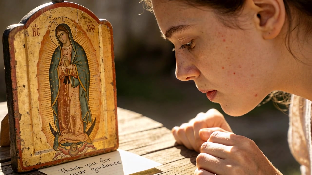 Donna chinata che legge un biglietto di ringraziamento, tocca la carta su un patio illuminato dal sole, e prega accanto a un'icona di legno.
