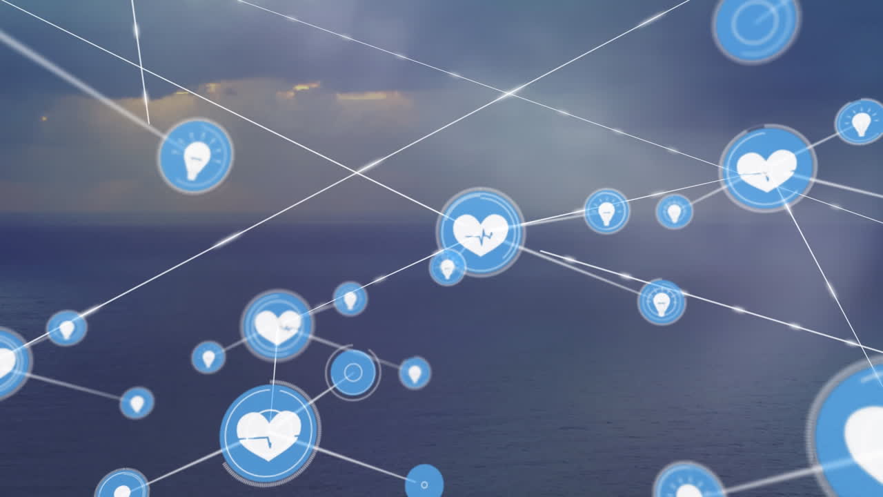 디지털 아이콘 네트워크의 애니메이션은 하늘에 바다와 태양과 함께 풍경의 공중 시야에 맞춰집니다.