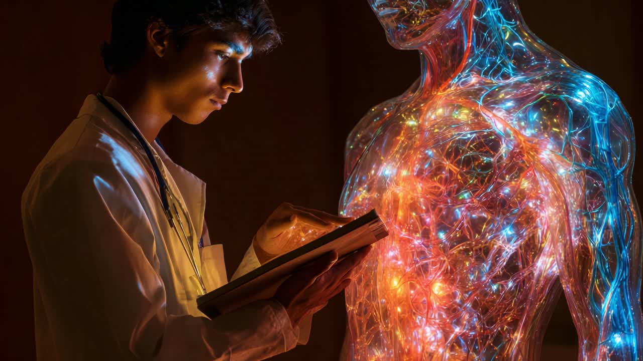 A Young Scientist Studies a Luminescent Human Model, Exploring the Intricacies of Anatomy and Light, Blending Technology with Biological Insights in a Captivating Display