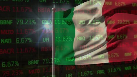Animation-of-stock-market-data-processing-over-waving-italy-flag-and-light-spot-on-black-background