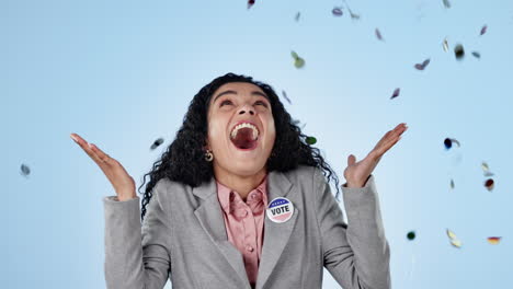 ganando, celebración y confeti con la mujer