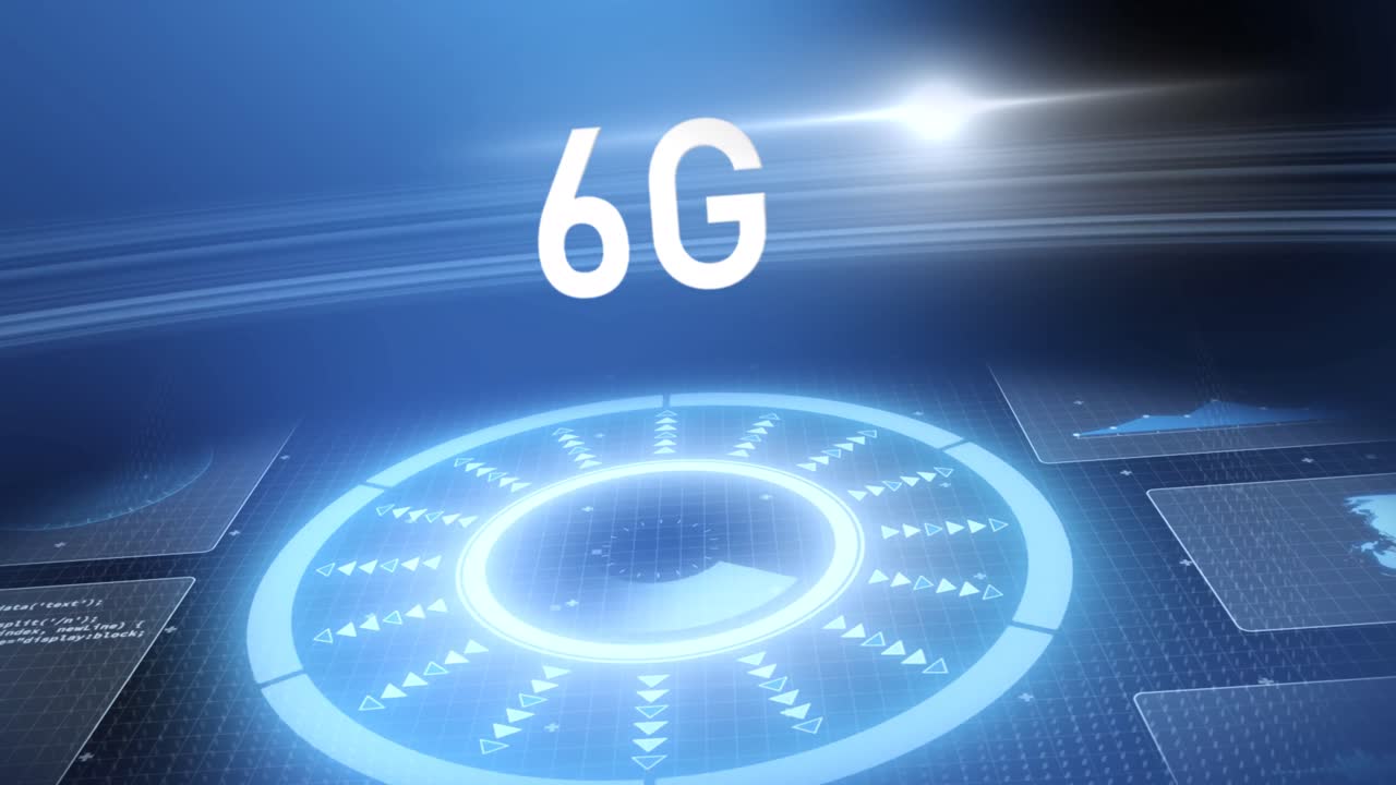 어두운 파란색 배경에 그리드 위의 화면에서 6g 텍스트, 데이터 처리 및 범위의 애니메이션