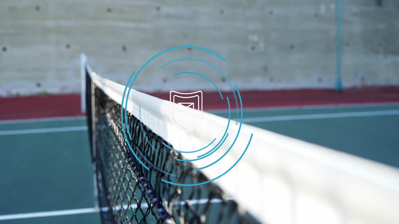 Tennis net showing movement diagonally across court in flat design, with green lines, lamppost blur