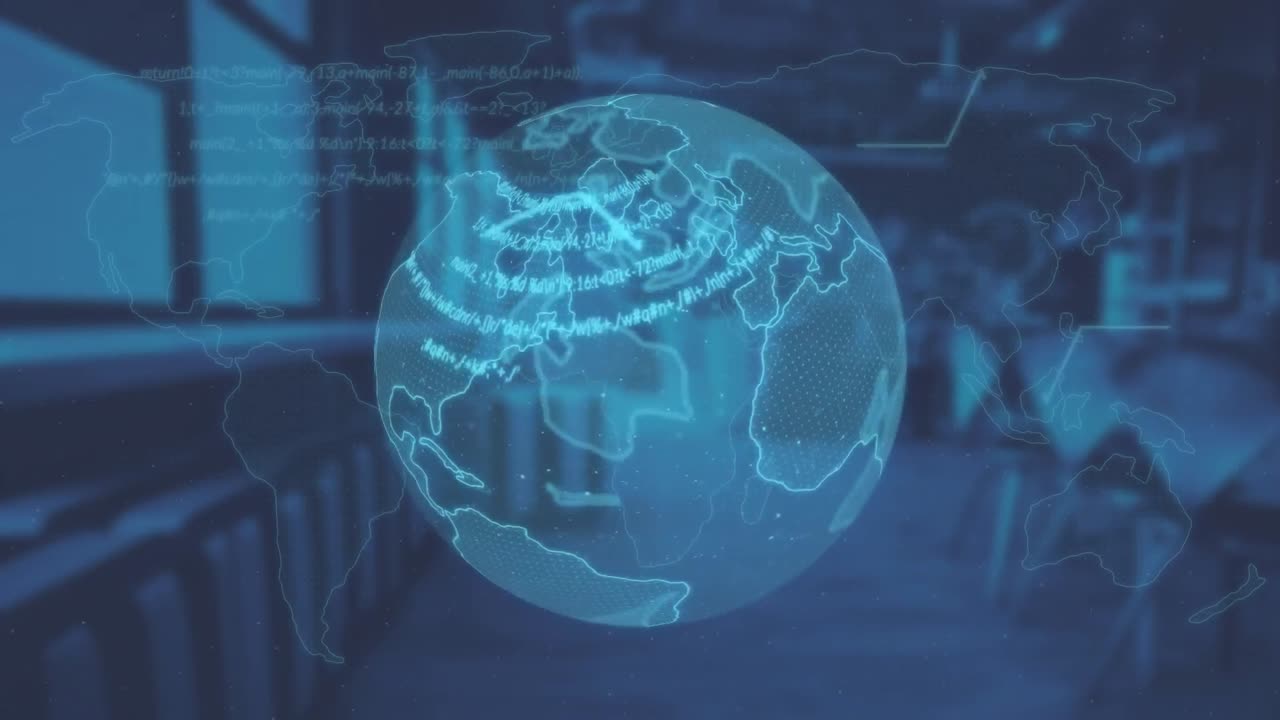 데이터 프로세싱과 파란색 배경에 전기 심장 그래프로 움직이는 지구의 애니메이션