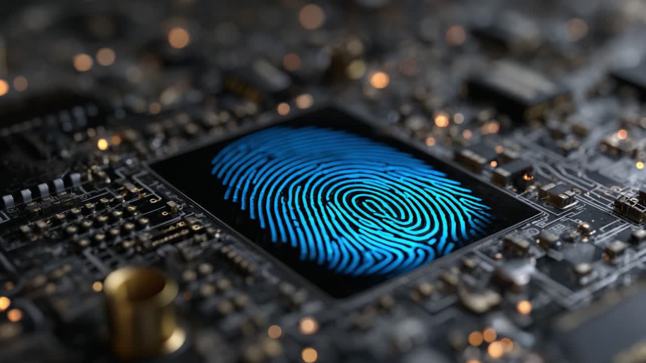 Advanced Digital Security Technology Showcasing a Vibrant Blue Fingerprint Pattern Overlaid on a Complex Circuit Board Background