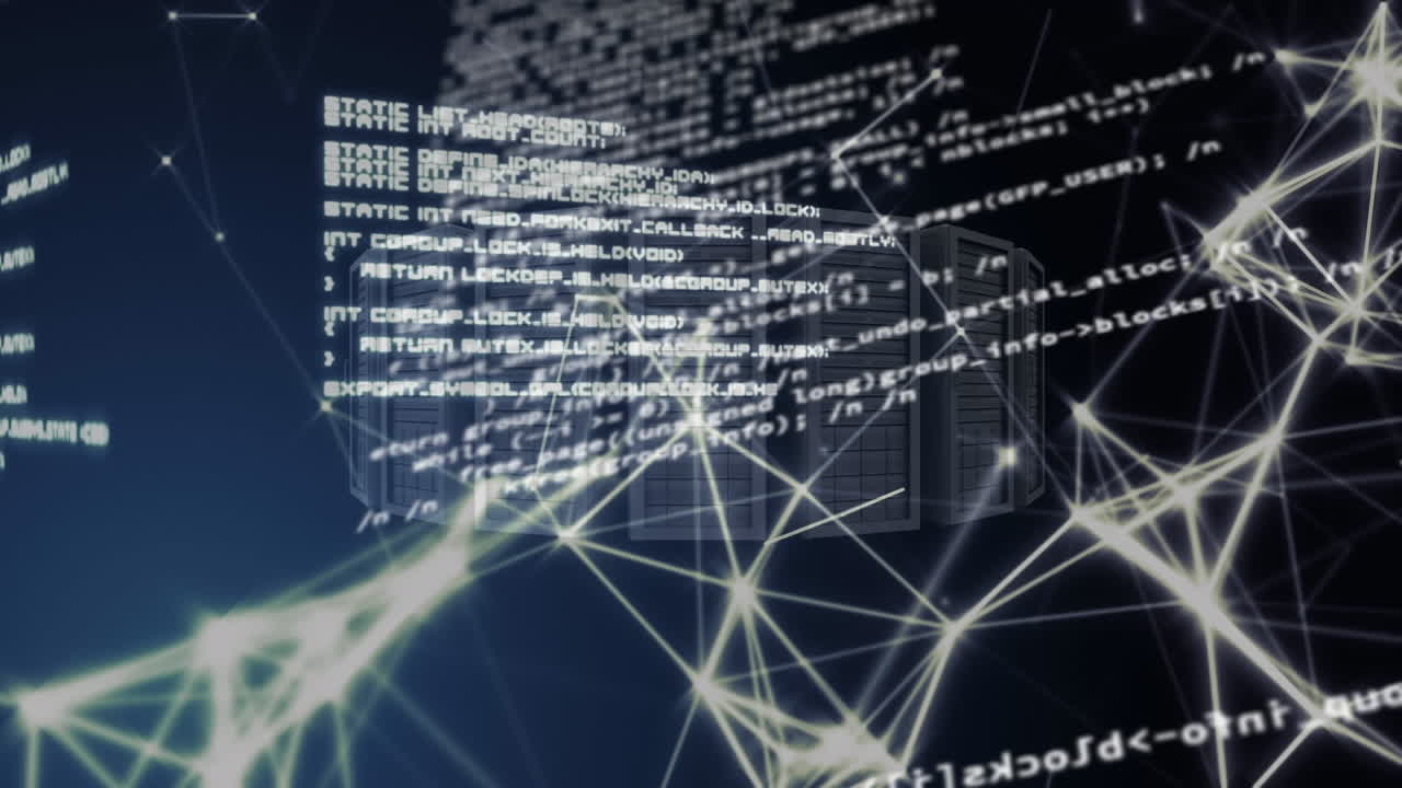 Animation of data processing and servers on black background