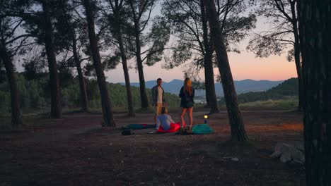 friends wake up after camping in a forest