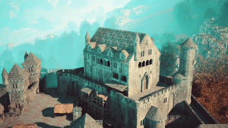 aerial view of medieval castle with inner and outer courtyard