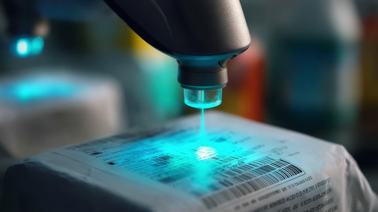 A Close-Up of Advanced Scanning Technology Capturing Barcode Information on a Package, Highlighting Optical Recognition and Tracking Capabilities in Logistics and Shipping Processes
