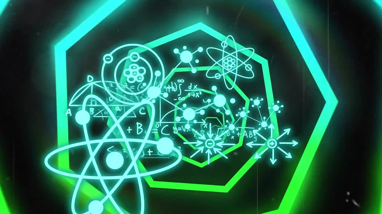블랙 배경 위의 분자 애니메이션과 과학 데이터 처리