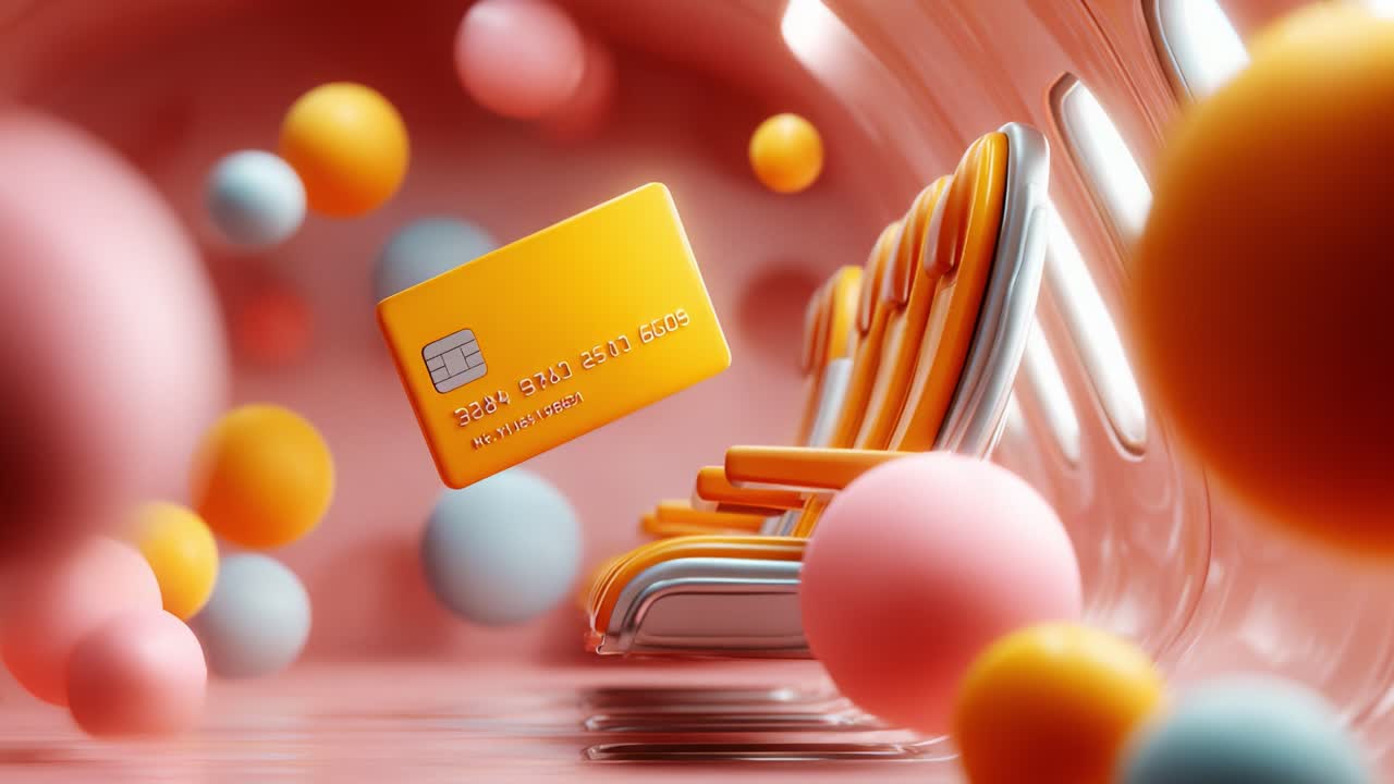 Vibrant 3D Visualization of a Credit Card Floating Among Colorful Spheres in a Modern, Abstract Space with Seating, Showcasing a Blend of Design and Financial Elements