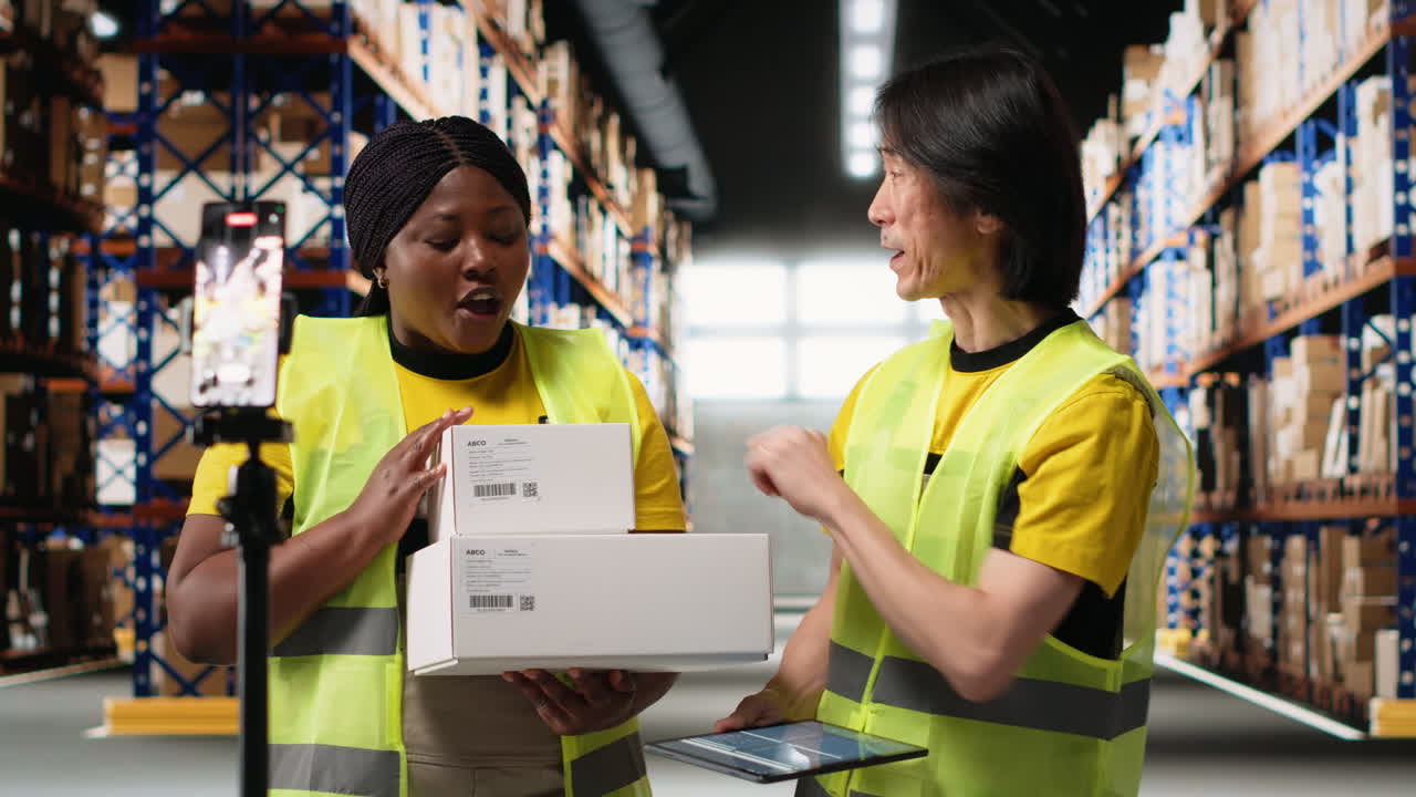 Vertical Video African american and asian team presenting cargo goods on a live stream video