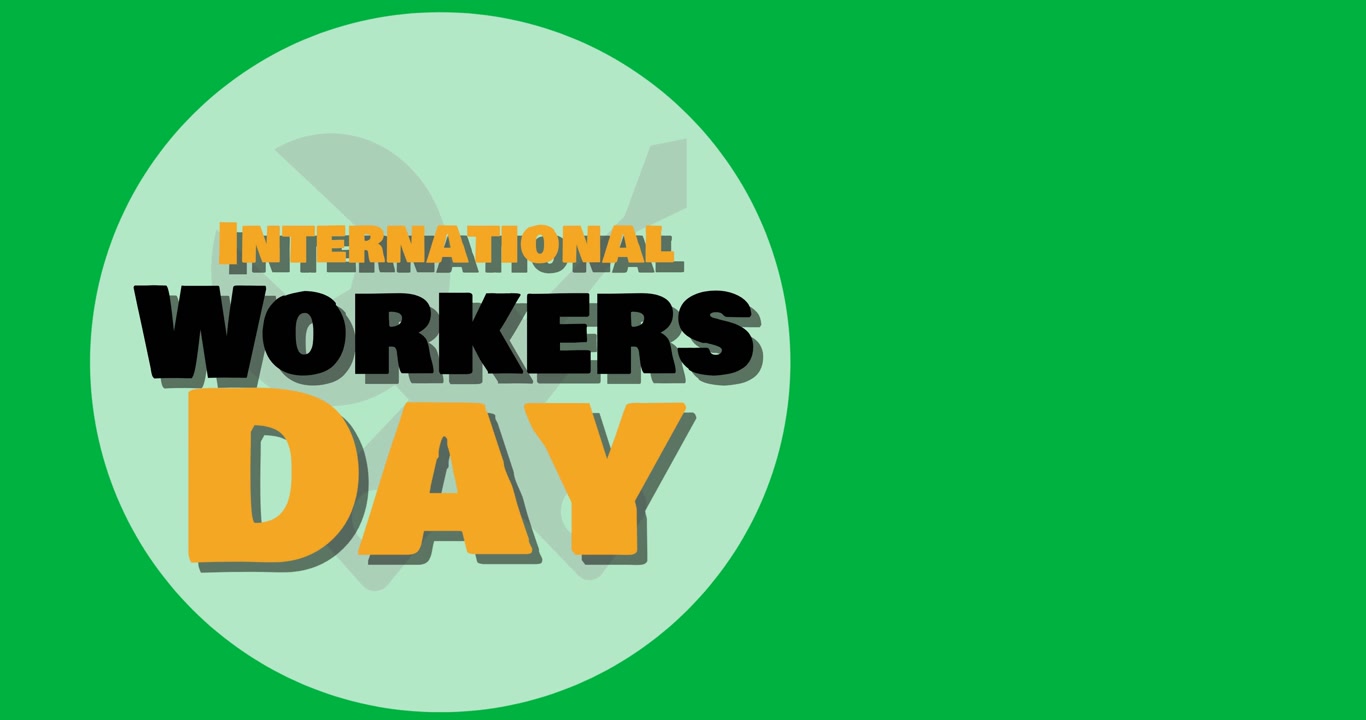 Digital animation of international workers day text over round banner against transparent background
