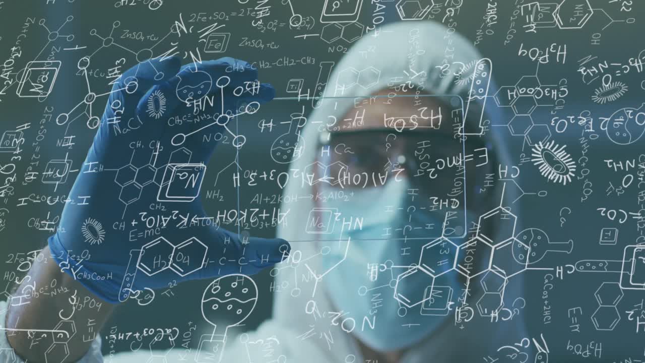 얼굴 마스크와 ppe 복장을 입은 백인 남성의 의료 데이터 처리의 애니메이션