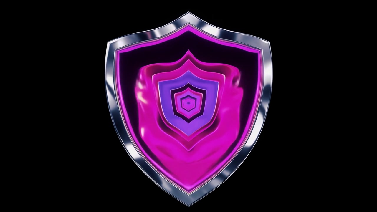 Animated Metallic Shield with Glowing Pink and Purple Pulsing Core