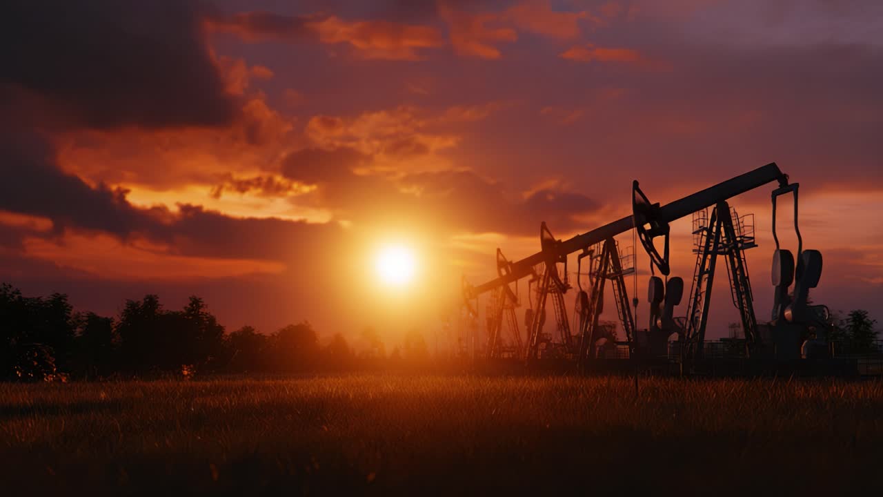 Balancines de extracción de petróleo silueteados contra una impresionante puesta de sol con cielos vibrantes, capturando la esencia de la industria petrolera en una escena paisajística impresionante