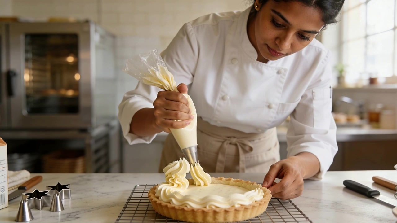 Confeiteiro(a) de dólmã decorando torta com rosetas em bancada de mármore, usando saco de confeitar e bico estrela.